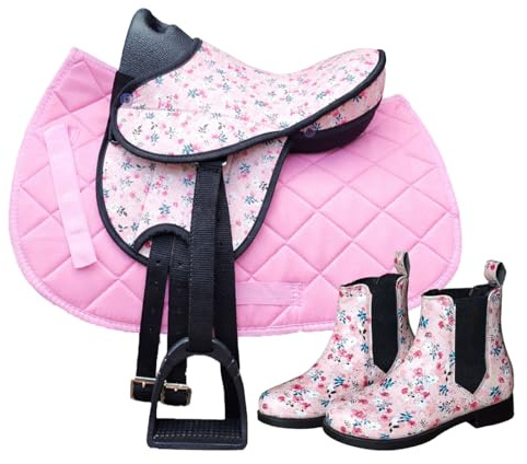 Brama West My Happy Pony Selle Shetty pour enfant avec bottes d'équitation assorties | Selle de cheval en bois avec couverture de selle, sangle et étriers | Motif floral rose (selle flower/couverture