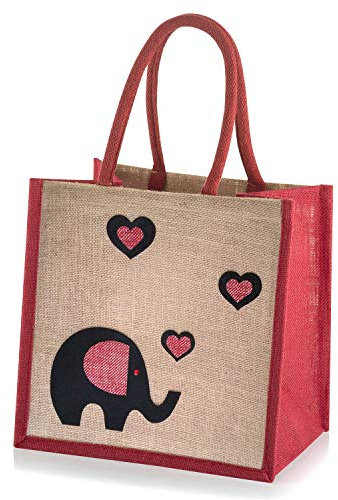 Yellowboots Jute Hessian Medium Shopping Bag - Elephant Red - 30 cm high x 30 cm Wide x 20 cm Depth