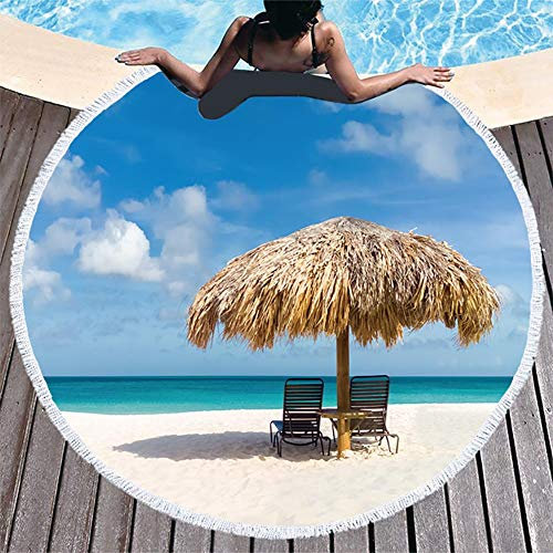 BOYOUTH Round Beach Towel,Pavilions and Chairs on the Beach Pattern Printing Beach Mat with Tassels Ultra Soft Super Water Absorbent Multi-Purpose Towel,59 inch-Diameter