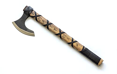 Sons of Odin Hacha de Batalla vikinga de 20 Pulgadas con Cabeza de Acero de Alto Carbono y Eje de Caoba con runas nórdicas grabadas a Mano