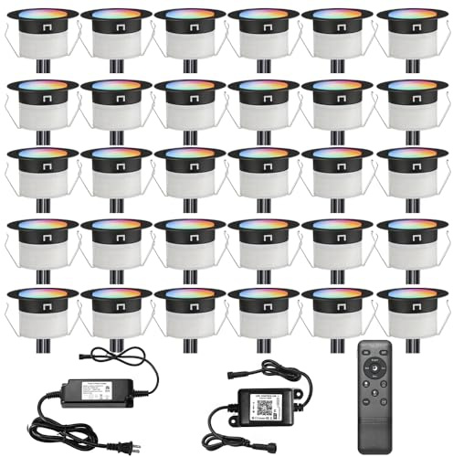 LED Deck Lights Kit, 30 Pack Φ1.22 Low Voltage WiFi Smart Recessed RGBW Deck Lighting with App/Voice Control, Waterproof IP67 In Ground Landscape Lighting for Outdoor Stairs Steps Floor Decor, Black