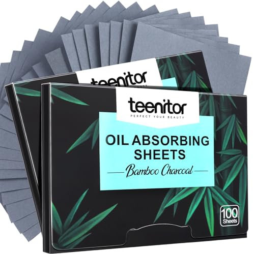 Teenitor Blotting Paper for Oily Skin, 200 Sheets Natural Bamboo Charcoal Oil Blotting Sheets for Face, Oil Absorbing Sheets Cosmetic Blotting Paper for Wen Women, Oil Control Film, Large 7cm x 10cm