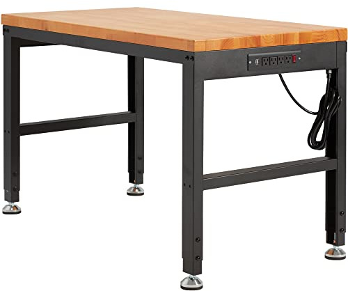 Haddockway Adjustable Workbench for Garage,48x 24 Rubber Wood Top Worktable with Power Outlets, Max 2000 Lbs Load Capacity Heavy Duty Workstation for Workshop Office Home (Black Frame, 48in)
