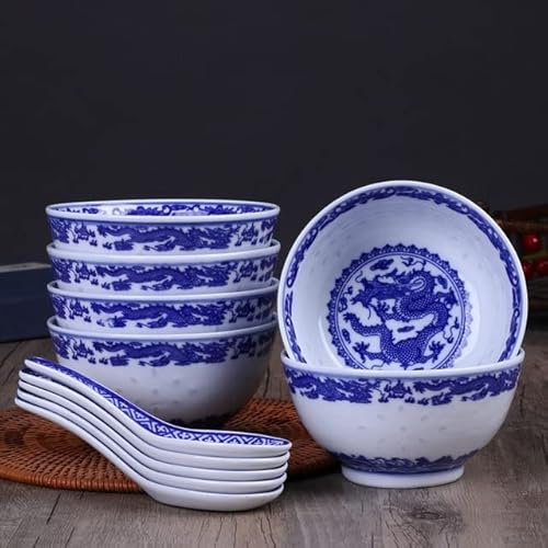 YAHU 6 Stück 4,5 Zoll Jingdezhen Blau und Weiß Porzellan Reisschalen Ramen Suppenlöffel Chinesische Drachenschale Keramik Küchenzubehör