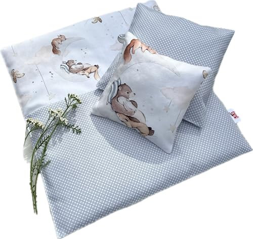Grau Puppenbettwäsche aus Baumwolle mit Tieren (45-50 cm)