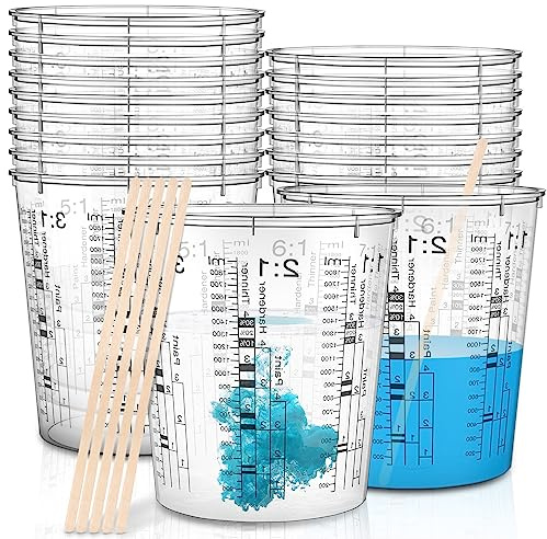24 Pcs 64 oz 1800 ml Paint Measuring Cups Mixing Cups with Graduated and 20 Pcs Paint Mixing Sticks Plastic Disposable Resin Automotive Epoxy Mixing Cup for Paint Kitchen Cooking Baking