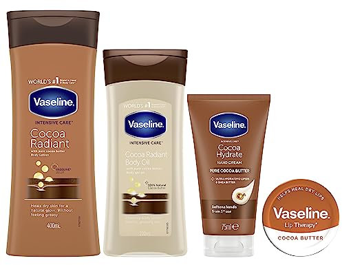 Vaseline Intensive Care Cocoa Radiant Body Lotion & Oil, Healthy Hands & Lip Therapy Regime Bundle 4 Piece