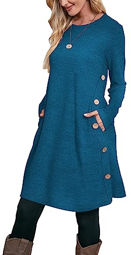 Aokosor Jumper Dress for Women Long Sleeve Dress Ladies Button Tunic Dress with Pockets Pine Blue Size 22-24