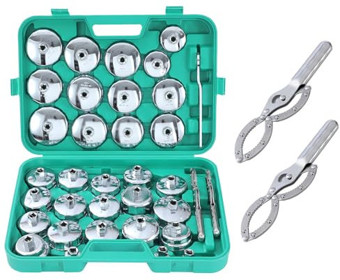 TOPWAY 35-teilig 1/2 Ölfilterkappen Satz mit 2 Handschellen verstellbarer Ölfilterschlüssel und Schlüssel, Edelstahl Ölfilter Schraubenschlüssel für Garage, Auto Reparatur