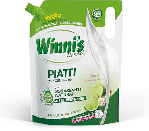 Winni's - Detersivo Piatti a Mano in Ecoformato, Concentrato, Ipoallergenico, con Sgrassanti Naturali da Biofermentazione, Lime e Fiori di Mela, Materie Prime di Origine Vegetale, 900ml