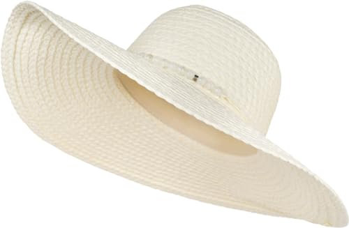 styleBREAKER Damen Strohhut Papierstroh mit Hutband aus Perlen, breite ausgefranste Krempe, Sonnenhut, Schlapphut 04025043, Farbe:Creme