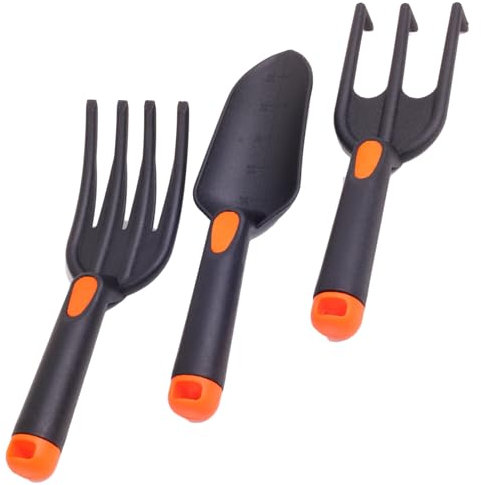 Gartenwerkzeug Set, 3-teilig, Gartengeräte Blumenkelle mit Mess-Markierung, Pflanzgabel, Handrechen FiberComp, Glasfaserverstärkter Kunststoff Schwarz/Orange für Pflanzen und Gartenarbeit