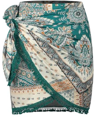 ZAFUL Boho Paisley Printed Wrap Skirt - Tie Side Sarong Bodycon Mini Short Skirt for Beach Party (Boho-Green, L)
