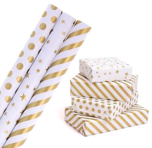 HBell Wrapping Paper Roll,3 Roll Gold and White Wrapping Paper,Birthday Gift Wrap Paper,Suitable for Easter Graduation Weddings Valentines Christmas Decoration-43cm*3m
