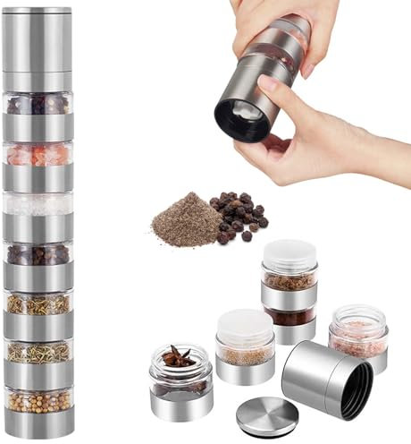 Set di spezie da viaggio, 7 in 1, mini barattoli per spezie, con macinino e coperchio, macinaspezie da campeggio, attività all'aperto, mini set di spezie in acciaio inox, portatile, per picnic,