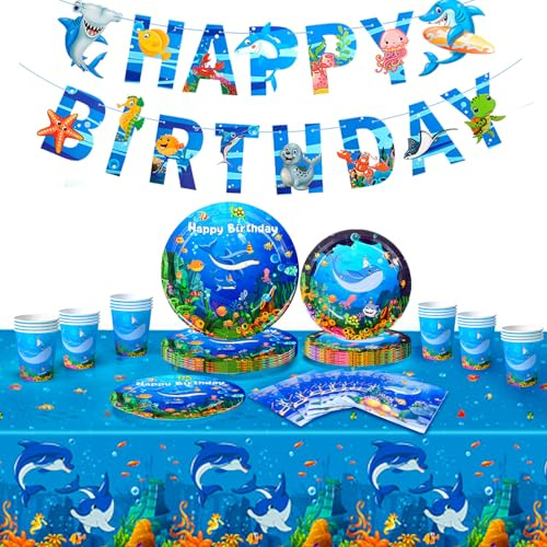 98 Piezas Suministros Vajilla para Fiesta de Animales Oceánicos Serve 24 -Marino Tema Decoración Fiesta Platos Mantel Bandera etc para Cumpleaños de Niños y Reunión Familiar y Fiesta Navideña