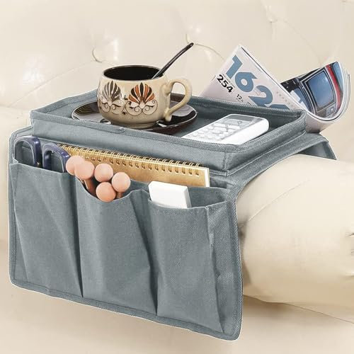 Sofa Armrest Organizer Candy Organizer with Tray & 5 Pockets, Foldable Couch Arm Rest Storage Bag Sofa Armchair Hanging Storage with Cup Holder for Phone Magazine Tablet Book TV Remote Snacks Glasses