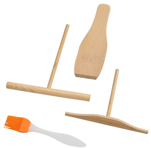 4Pcs Crepe Spreader and Spatula Kit for Spreader and Turning Crepes, Wood Crepe Pancake Tool, T Shape Batter Spreader with Long Handle and Oil Brush, for Home Kitchen Cooking Baking Tools