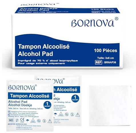 100 PZ – Tamponi impregnati alc.70 – Salvietta 3x6 cm per pulizia della pelle e degli oggetti – Monouso – BORNOVA