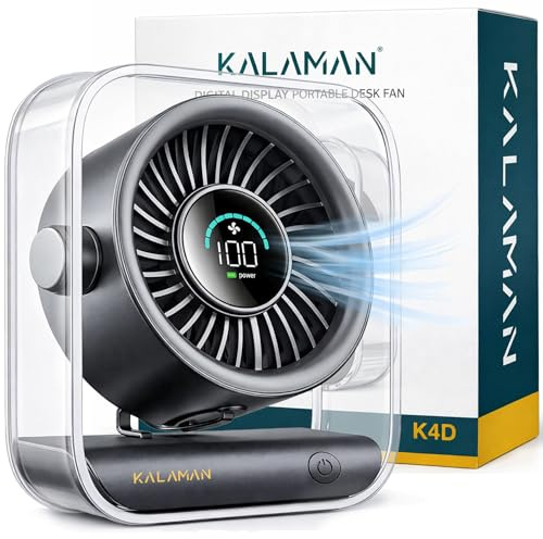 KALAMAN Desk Fan, 4000mAh Quiet Table Fan with Turbo Airflow, 6-Gear Speed Digital Display & 30° Adjustable Tilt, Rechargeable Battery Portable Fan for Home, Office, Travel (Black)
