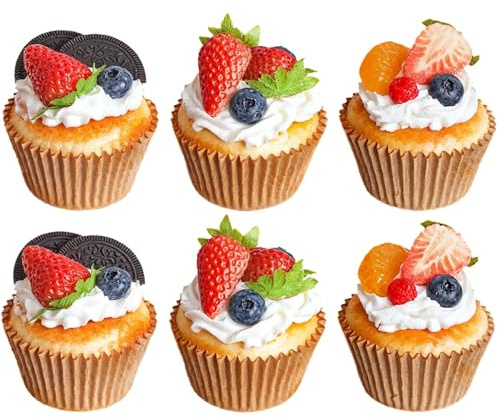 Realistici cupcake finti in poliuretano, 6 pezzi con decorazione crema e frutta, modello artistico per cupcake, colore marrone rugoso, ideali per decorazione domestica, fotografia e arte