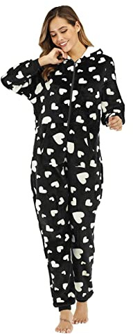 Pigiama da donna intero in flanella con stampa divertente a maniche lunghe, con tasche e cappuccio, caldo e spesso, ideale per la notte, casual, comodo, casalingo, morbido, homewear, Q nero., L