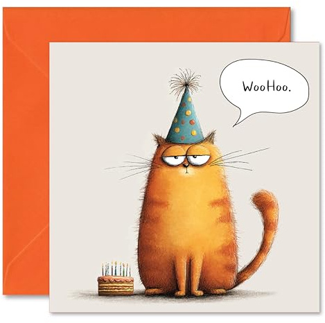 WooHoo Moody Ginger Cat Funny Birthday Greetings Card - Full Colour Inside Print - Includes Orange Coloured Envelope - Made in the UK