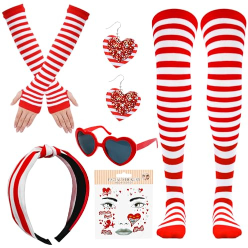 Accesorios de Disfraces para Carnaval, Medias Rayas Rojas y Blancas, Guantes Largos a Rayas Sin Dedos, Gafas de Sol de Corazón Pendientes, Diademas Anudadas, Tatuajes Faciales para Carnaval