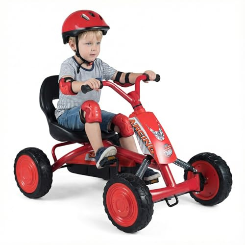 COSTWAY Kinder Gokart mit Pedal, Go Kart mit verstellbarem Sitz, Vor- & Rückwärtsgang, Tretauto bis 30 kg belastbar, Tretfahrzeug Outdoor mit Reifen für Jungen & Mädchen ab 3 Jahren (Rot)