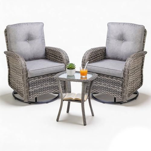 BIRCHTREE 3 Piece Rattan Garden Furniture Set, 2 Swivel Armchairs with Matching Table, Outdoor Patio Seating Set with Cushions, Weather-Resistant Wicker Garden Chairs Set, Grey