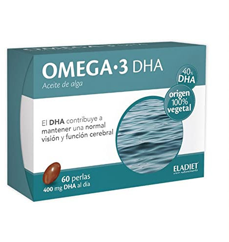 Eladiet Omega 3 - 40% DHA con Aceite de Algas - Favorece el Buen Funcionamiento del Sistema Nervioso - Ayuda a Mantener un Estado Óptimo de Visión - 60 Perlas - 100% Vegetal , 60 unidad, 1