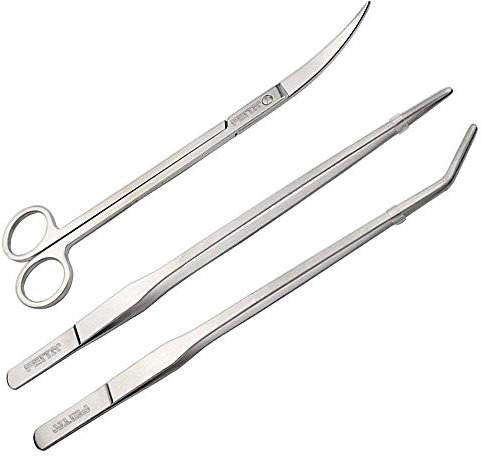 Aquarium Tweezer Set - FEITA Long Stainless Steel Curved & Straight Aquarium Feeding Tweezers Scissors Maintenance Tools Kit (3 Pcs)