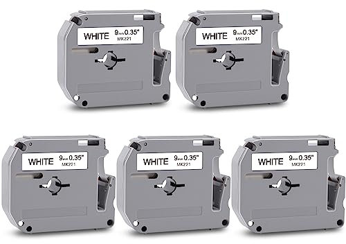 5x MarkField kompatibel mit Brother M-K221S MK-221 MK221 Schriftbänder 9mm, Schwarz auf Weiß, kompatibel mit Brother M-K221 9mm 3/8 White Schriftband für P-Touch PT-65 PT-60 PT-90 PT-55 PT-M95 PT-85