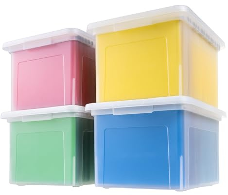IRIS USA File Box, Plastic File Organizer with Lids for Letter/Legal File, Portable Document Box For Moving, Storage Bin with Durable and Secure Lid, Stackable Nestable BPA-Free, Clear 35 Qt. 4 Pack