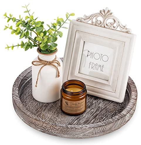 Hanobe Kerzenständer Holz Kerzenhalter Rund: Rustikal Weiß Kerzenteller Tablett Runde Kerzentablett Vintage Dekotablett 30cm Holztablett für Teelicht Deko Shabby Tischdeko