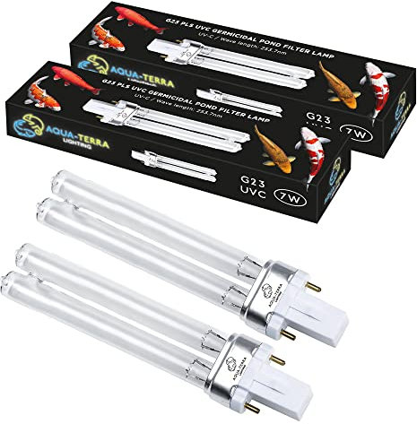 Aqua-Terra Lighting Confezione da 2 lampadine UV-C da 7 W – UVC Ultra Violet germicida per filtri e chiarificatori – Base G23 a 2 pin
