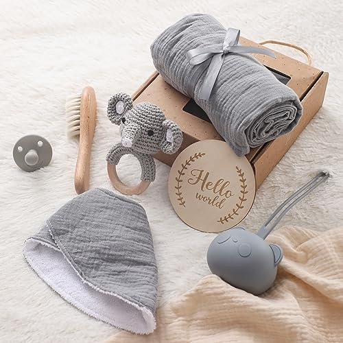 Youuys 7-delad babygåva för nyfödda, babygåva flicka pojke, badhanddukar, skallra, dummy, milstolpe-kort, haklapp, borste, presentförpackning, babyshower (grå)