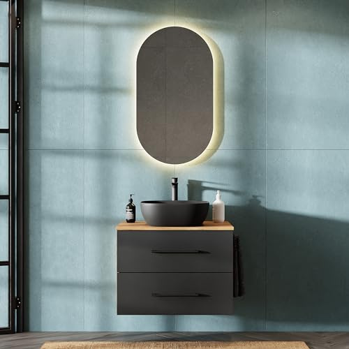 Planetmöbel LUX juego de muebles de baño con lavabo y mueble bajo colgante de 70 cm incl. lavabo de sobreponer de 42 cm negro, mueble bajo de lavabo Oro Roble/Antracita