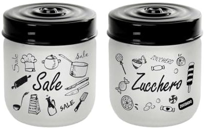 Maury's Barattoli In Vetro Opaco Candy, Con Barattolo per Zucchero, Sale e Caffè, Design Trasparente con Tappo Nero, Capienza 425 millilitri e Altezza da 10 cm (2)