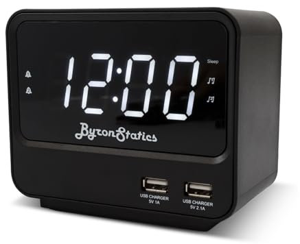 BYRONSTATICS Alarm Clock FM Radio, Bedside Digital Alarm Clock, Main Powered with Battery Backup, Radios Station Presets, USB Charging Port, Snooze, Sleep Timer, Big LED Screen Dimming Display