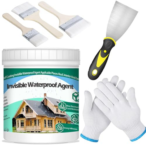 QUKLOGEN 1Kg 35.3Fl.oz Impermeable Invisible Pintura Impermeable Interior y Exterior Juego de Sellador Líquido Transparente con Cepillos de Madera,Rascador,Guantes de Trabajo
