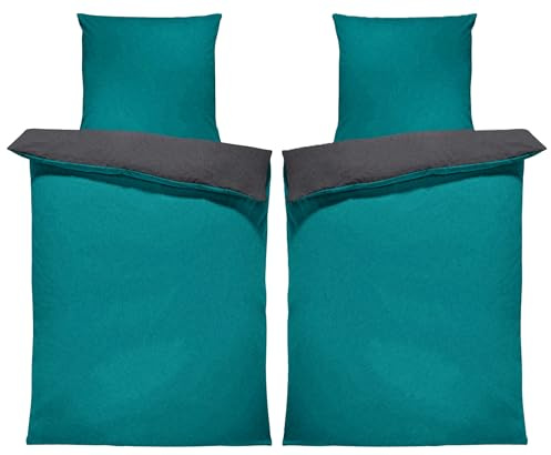 one-home Winter Bettwäsche Doubleface Uni Wende kuschelig flauschig warm weich Fleece, Größe:4 teilig 135x200 cm, Farbe:Petrol/anthrazit