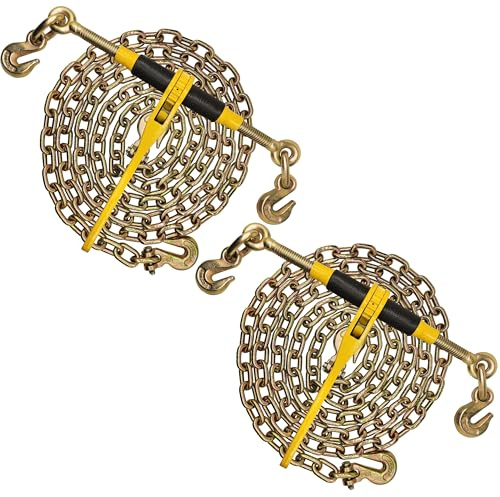 Knox Chain Load Binder, 5/16 Equipment Tie Down Kit w/ 5400 LBS Working Load Tiedown and Two Grab Hooks, Includes (2) Ratchet Binders - (2) 14' Grade 70 DOT Hauling Transport Chains