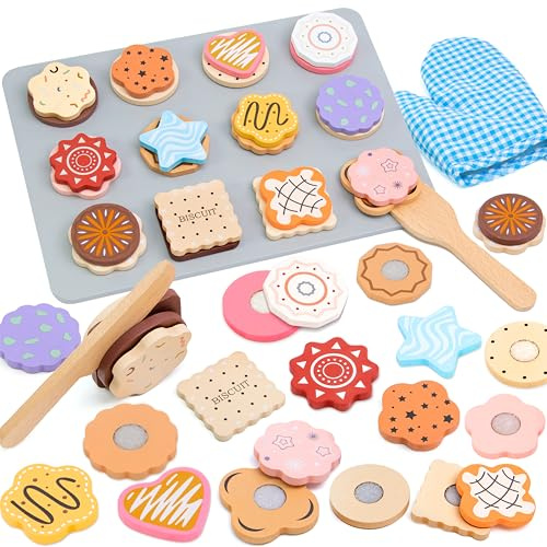 Masonbaby Jouet en bois pour enfants - Cuisine de jeu en bois pour enfants - Accessoires de cuisine en bois - Cookies jouet avec connexion velcro - Gâteau jouet pour enfants, jouet éducatif jeux de