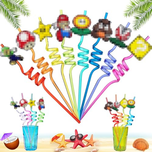 Pajitas Rizadas de Plástico, 8 Piezas Pajitas de Dibujos Animados, Multicolor Pajitas para Niños, Pajitas Espiral, para Fiesta de Cumpleaños Decoraciones, Beber Decoraciones (M4)