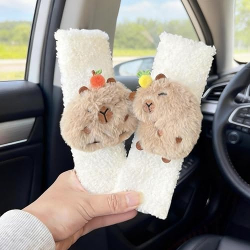 Zigihos 2 PCS Seat Belt Cover Pad, Cute Kawaii Animal Capybara Seatbelt Covers for Kids, Soft Seatbelt Cushion, Car Seat Strap Pads (White(A))