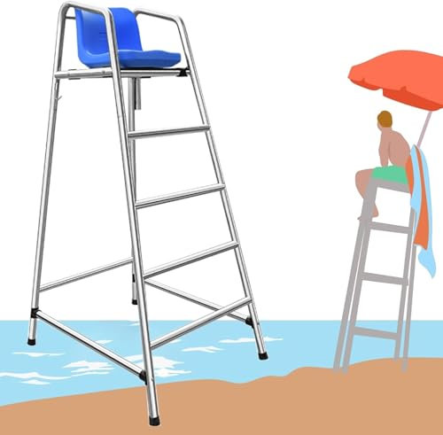 SAFWELAU Taburete Alto Escalera de Seguridad Silla Vigilancia Acero INOX 120-180cm Altura - para Piscinas Parque Acuático con Escalera​(L-180cm/70.8inch Tall)