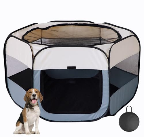 Floving bärbart hundstaket vikbar husdjur lekhage leveransrum kattinhägnad katt gravid stängt husdjur tält hund avelsleveransbox med bärväska (XL, grå)