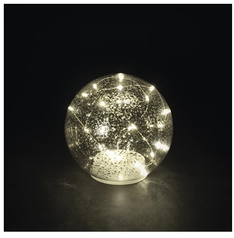 EMOS – LED-glasboll med ljusslinga – bordsdekoration av glas med 20 lysdioder, varm vit, ⌀ 15 cm – 6/18 h timer, batteridriven (3 x AA) – livslängd 10 000 timmar – för inomhusbruk – silvereffekt