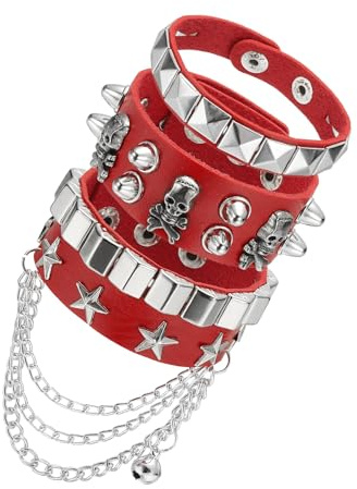 sourcing map 3Pcs Rock Punk Studded Leather Bracelet Set, 8.7/22cm Goth Spiked Cuff Wristband Adjustable Bracelets for Halloween Party Favors Emo Grunge Accessories, Red
